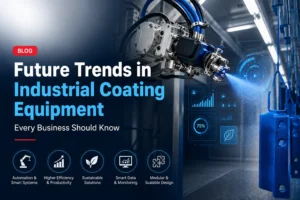 Industrial coating equipment featuring an automated robotic spray system applying protective coatings with smart monitoring technology for efficient industrial manufacturing.