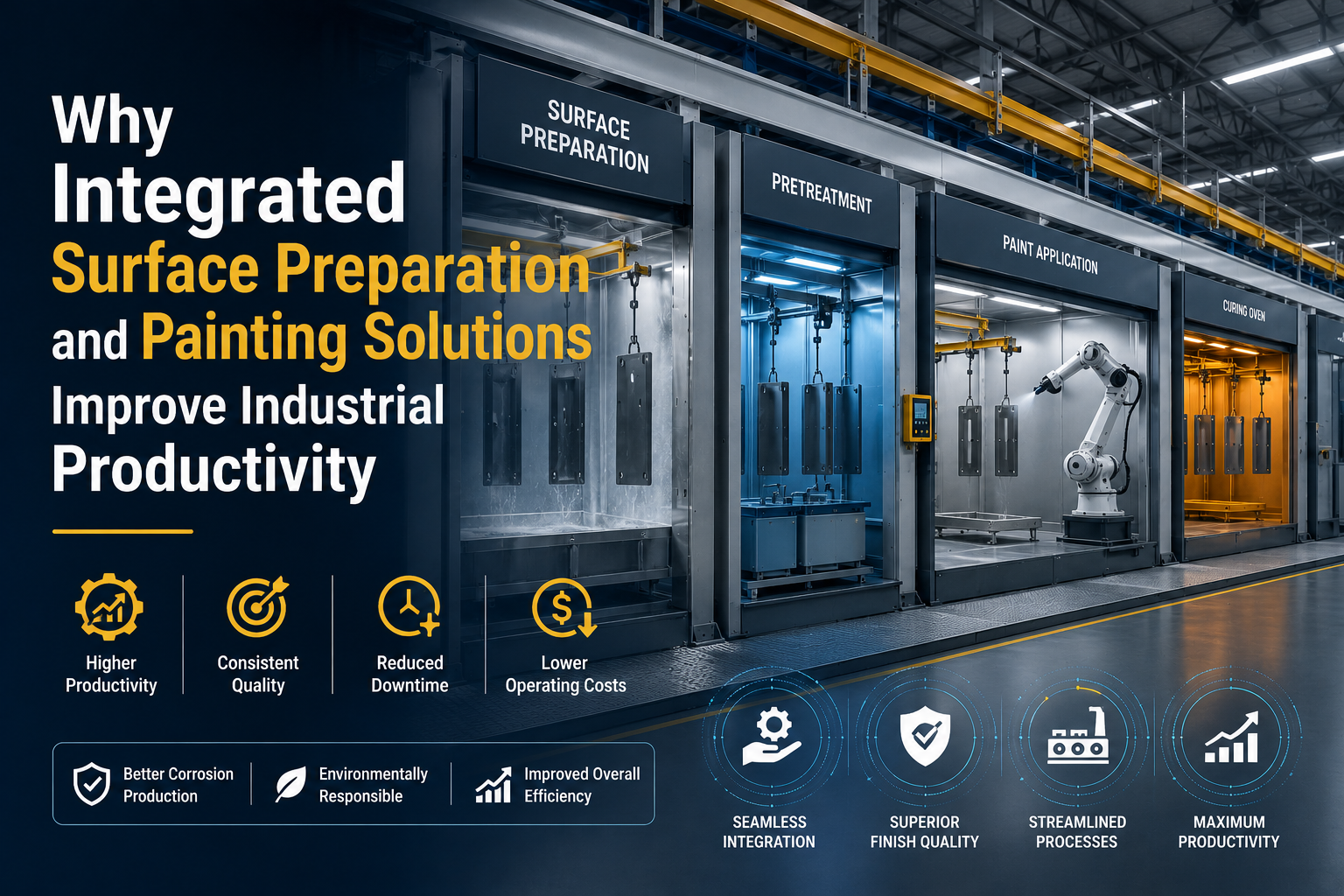 Integrated surface preparation and painting solutions featuring automated blasting, industrial spray coating and finishing systems that improve industrial productivity and manufacturing efficiency.