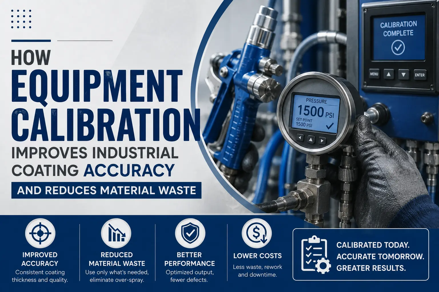 Equipment calibration improving industrial coating accuracy and reducing material waste