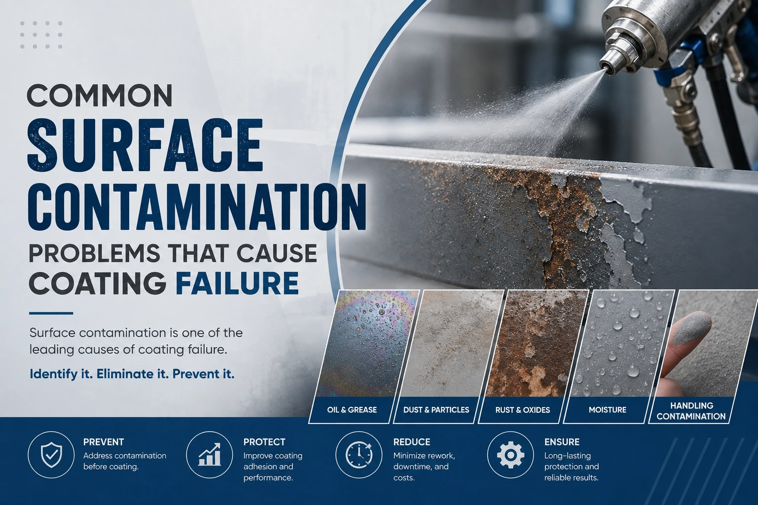 Surface contamination from oil, dust, rust, moisture and handling causing industrial coating failure
