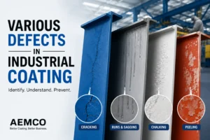Various industrial coating defects including cracking, runs and sagging, chalking, and peeling.