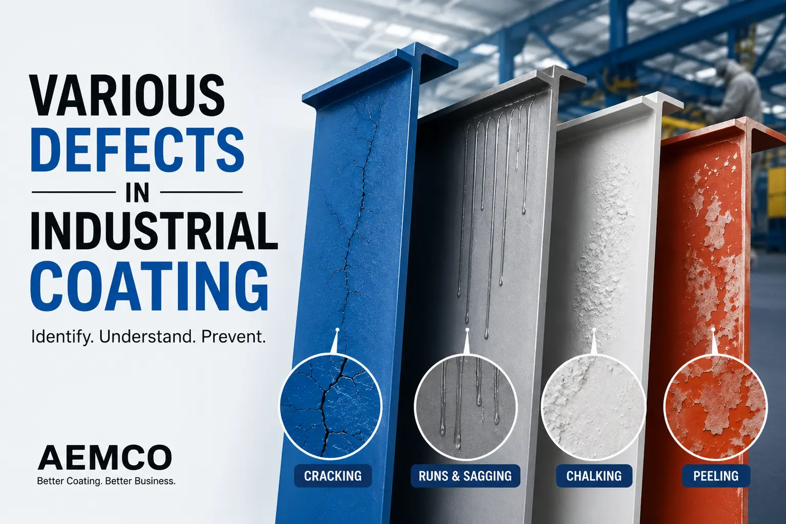 Various industrial coating defects including cracking, runs and sagging, chalking, and peeling.