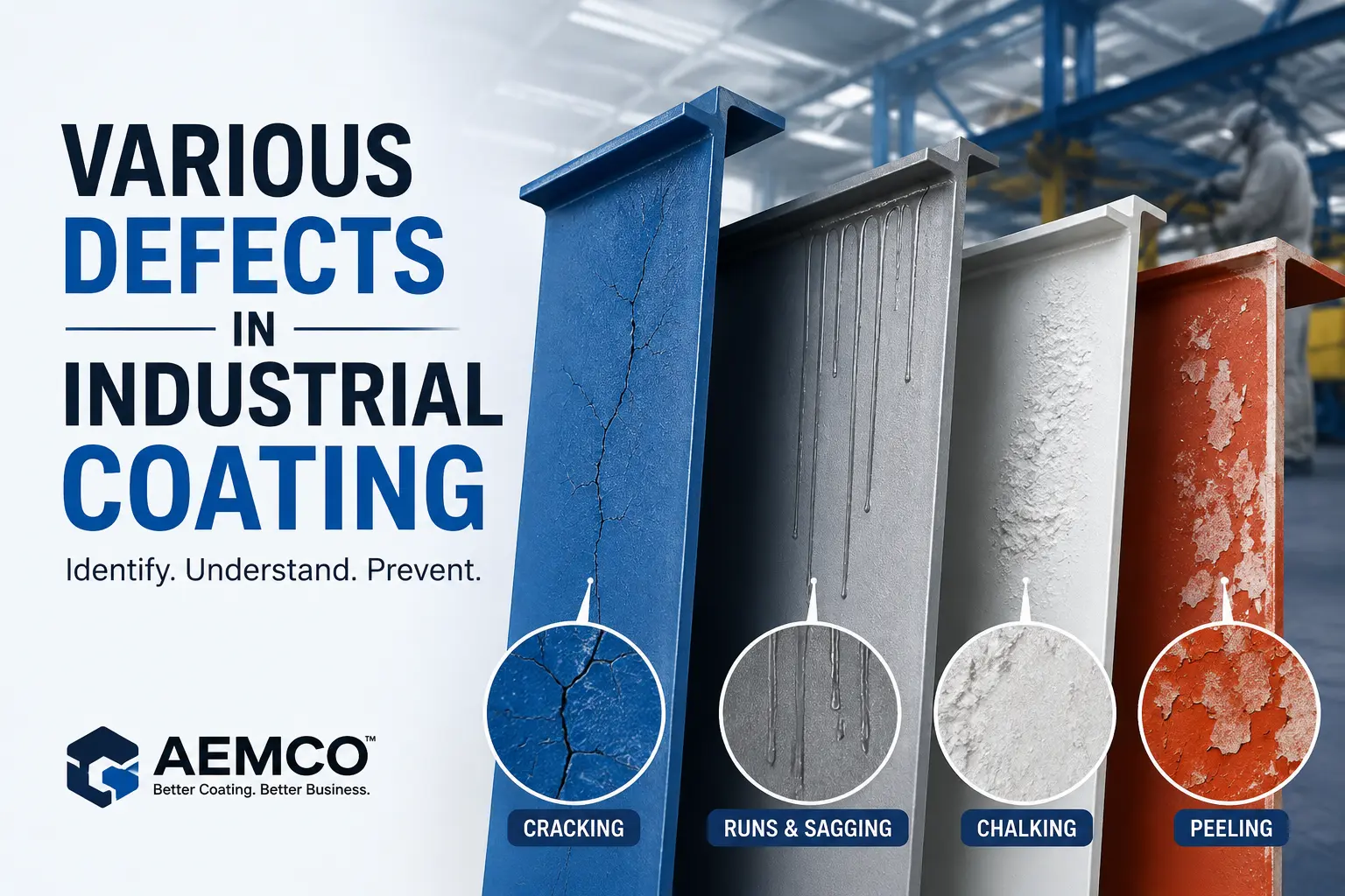Various industrial coating defects including cracking, runs and sagging, chalking, and peeling.