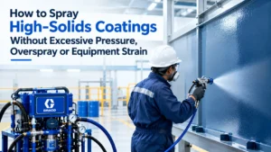 Worker spraying high-solids coating with industrial spray equipment while controlling pressure, overspray and flow rate