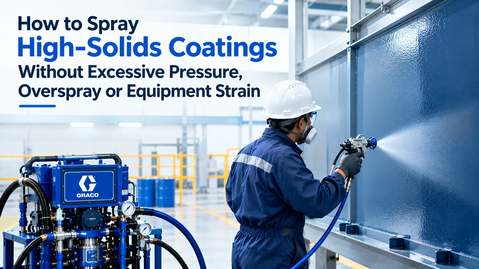 Worker spraying high-solids coating with industrial spray equipment while controlling pressure, overspray and flow rate