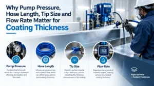 Industrial coating application showing pump pressure, hose length, tip size and flow rate factors affecting coating thickness
