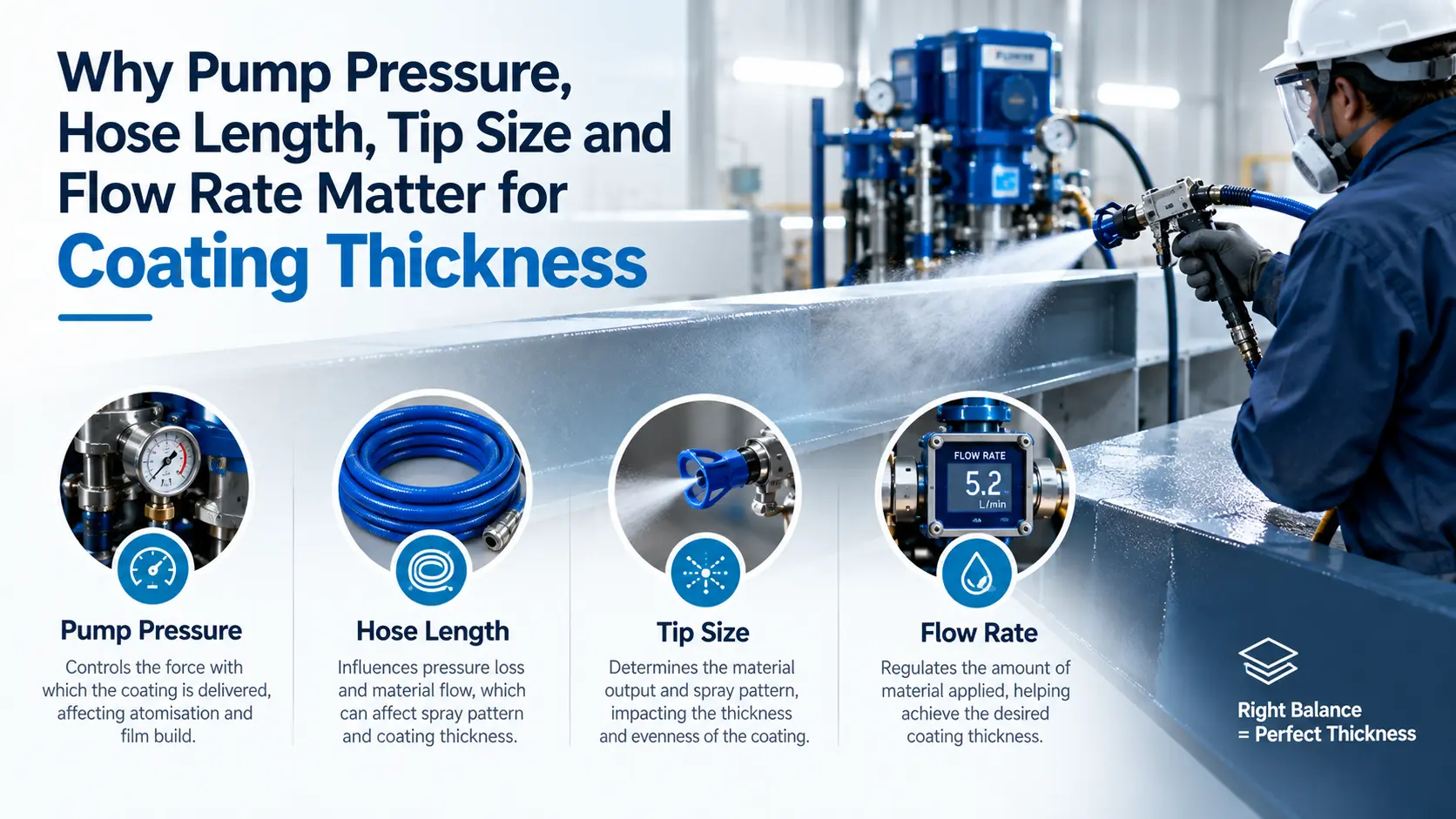 Industrial coating application showing pump pressure, hose length, tip size and flow rate factors affecting coating thickness