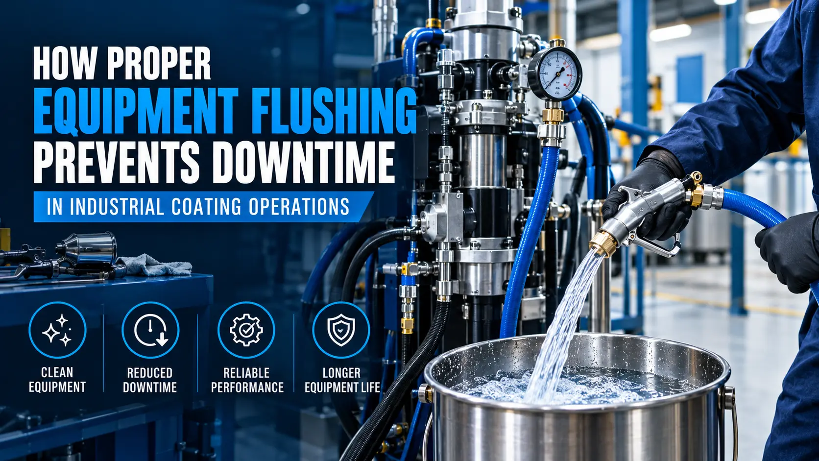 Industrial coating equipment flushing to prevent downtime