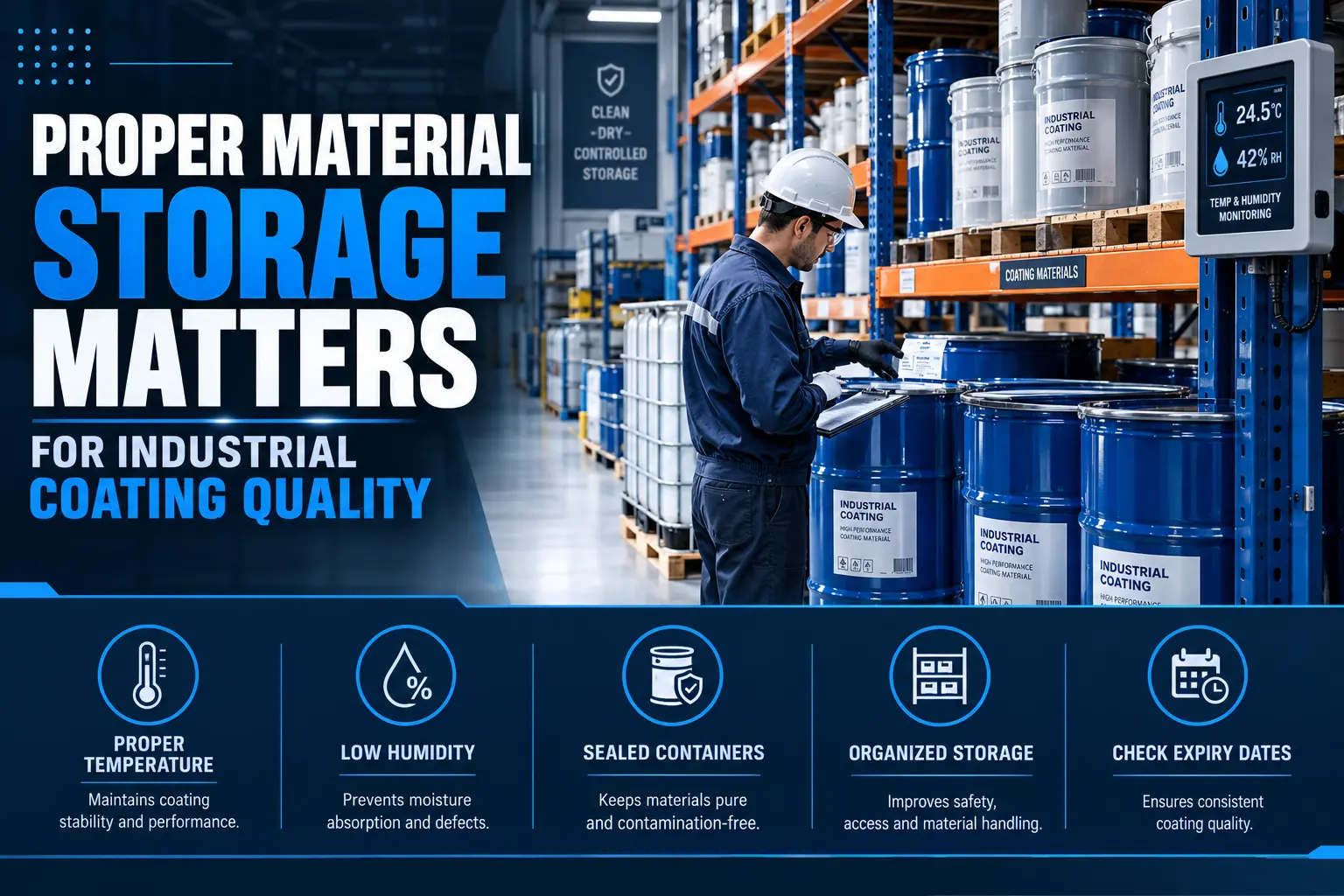 Industrial coating materials properly stored in a warehouse