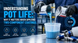Two-component coatings being mixed to illustrate pot life during industrial coating application.