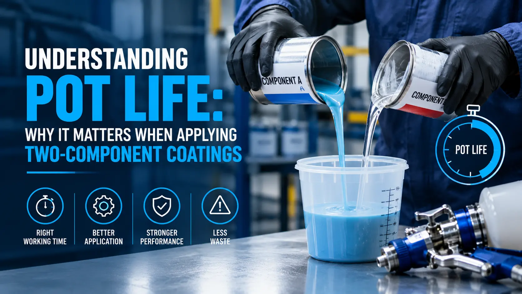 Two-component coatings being mixed to illustrate pot life during industrial coating application.